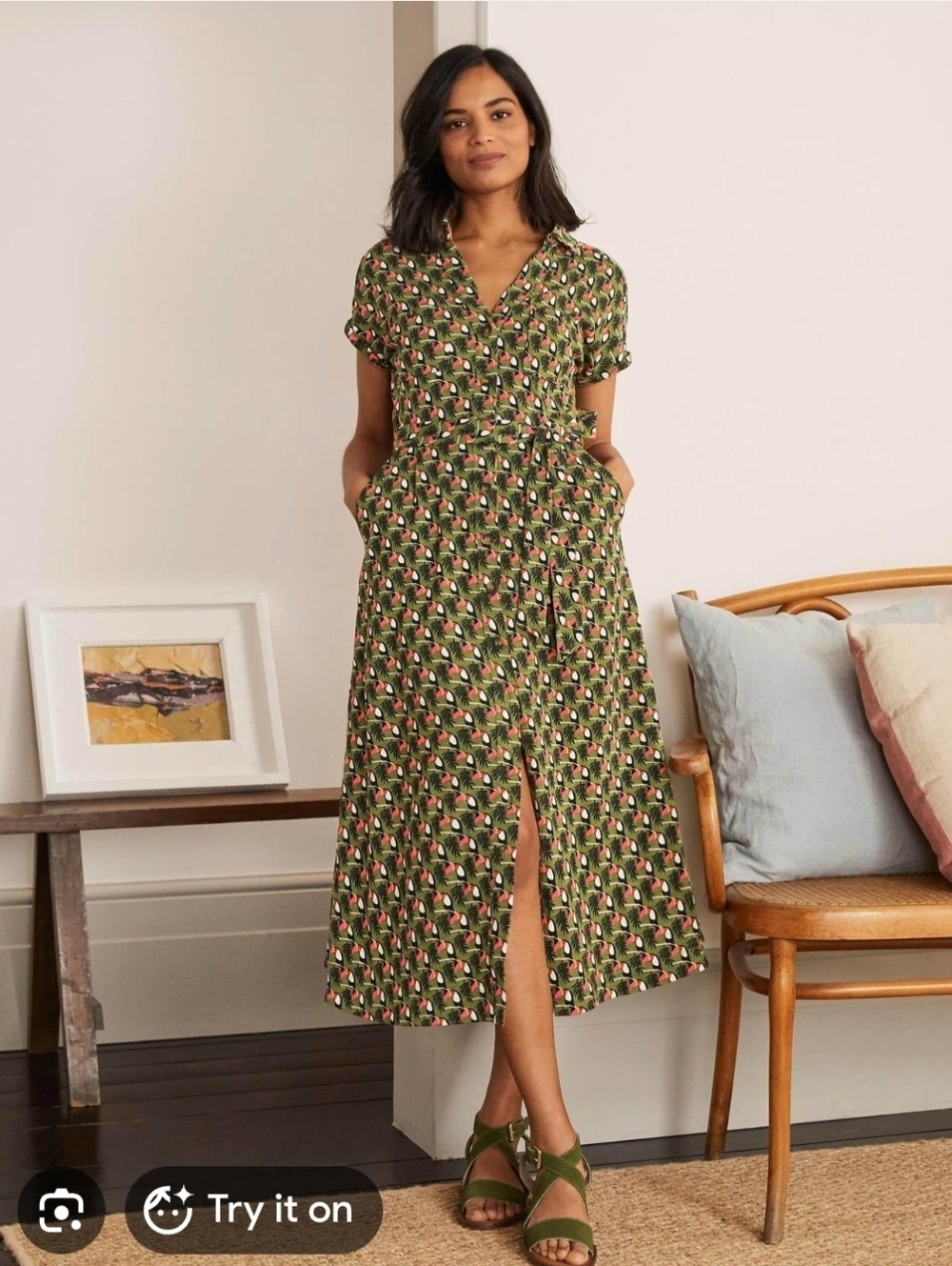 Boden Olive Green Toucan Printed Short-Sleeve Jersey Midi Dress - Size 16/18R